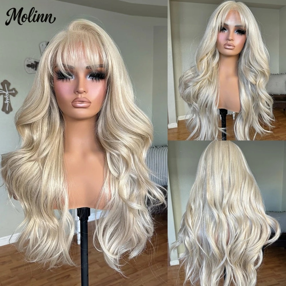 613 Blonde Body Wave Lace Front Wig - Bangs 613 Blonde Body Wave Lace