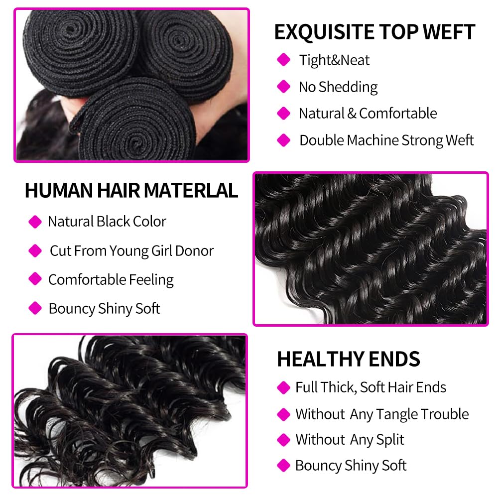 Deep Wave Human Hair Bundles w - Deep Wave 3 Bundles With Closure ulasan dan harga
