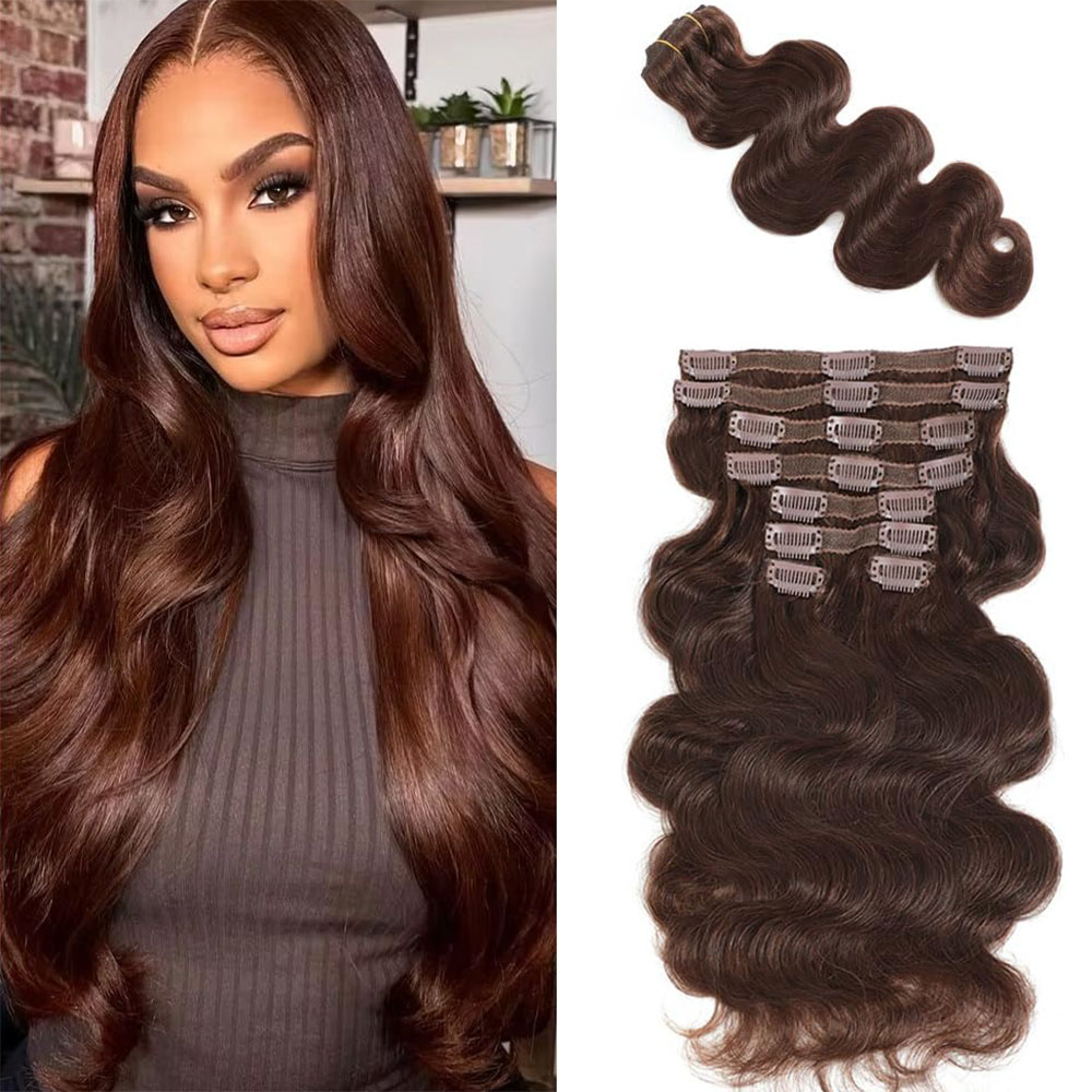 #4 Chocolate Brown Body Wave C - Seamless Clip In Hair Extensions Human Hair ulasan dan harga