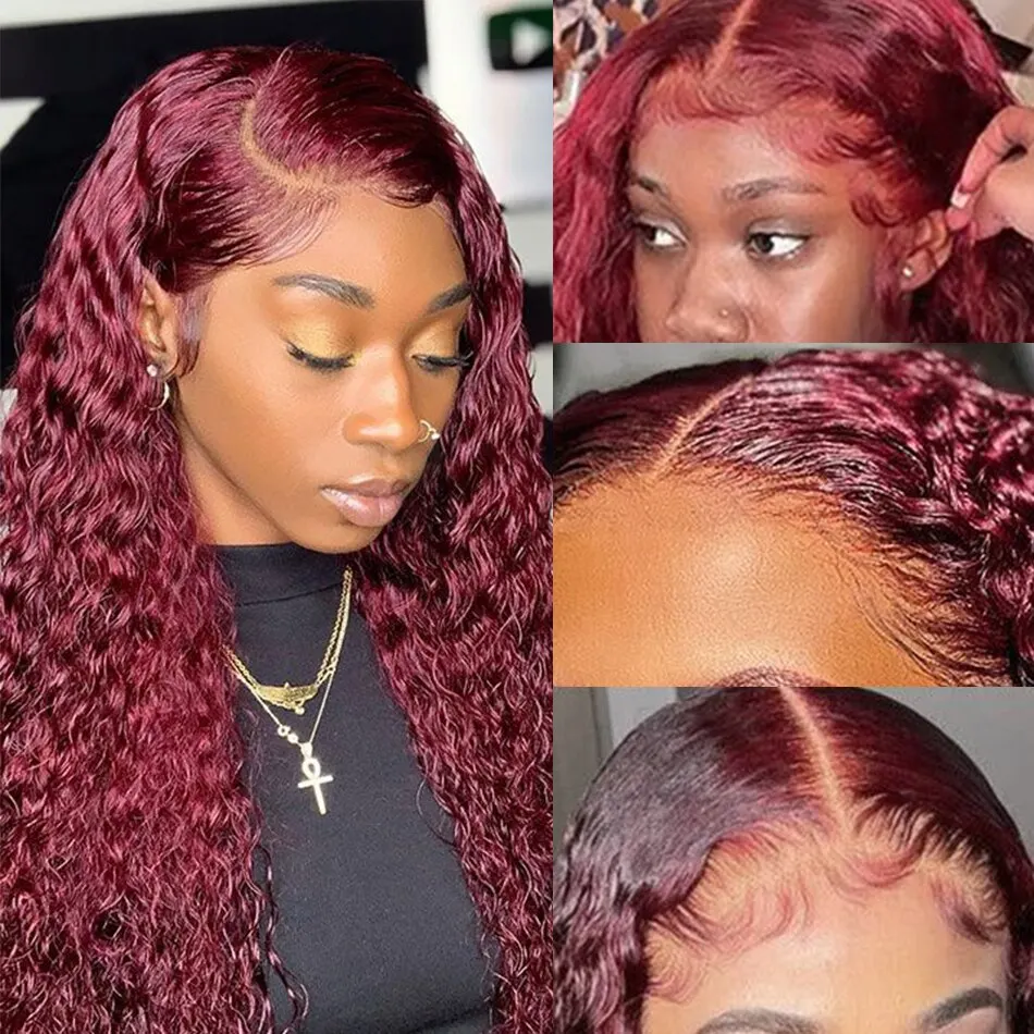 99J Burgundy Colored Deep Wave - Lace Front Wigs ulasan dan harga