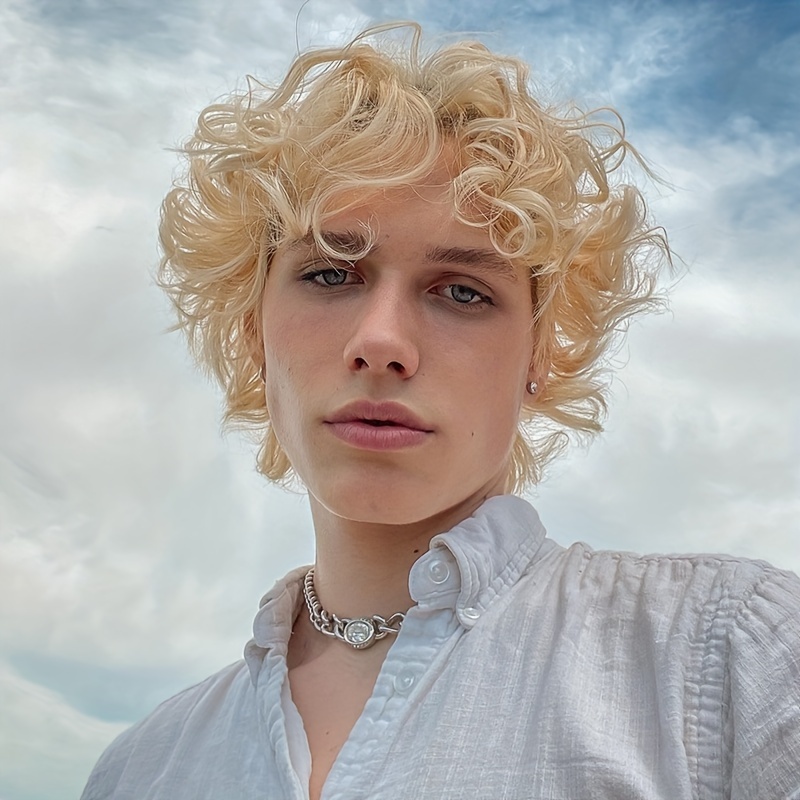 Mens Blonde Wig Short Wavy Flu - Synthetic Wigs ulasan dan harga