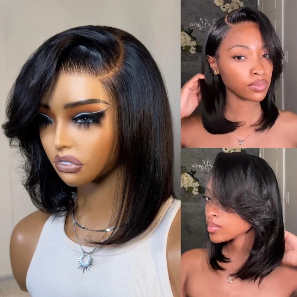 Black Short Bob Straight Lace  - Pre Parted 13X4 Lace Front Bob Wig ulasan dan harga