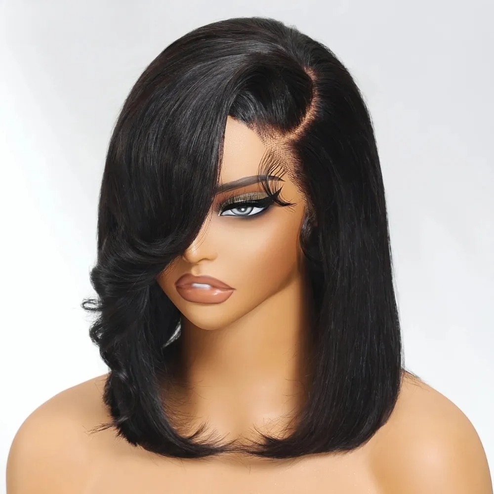 Black Short Bob Straight Lace  - Pre Parted 13X4 Lace Front Bob Wig ulasan dan harga